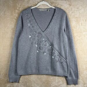 Soft Surroundings Gray V Neck Knit Sweater Floral Applique Sequins Size M